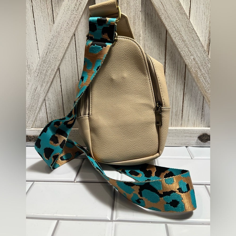 Beige Crossbody Bag with Teal Leopard Strap